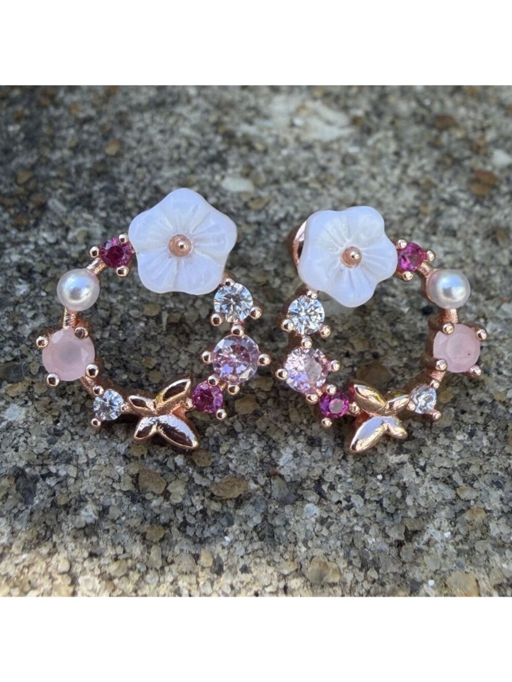 Ramla Flower Stud Earrings 18K Rose Gold Plated Gemstone Shell Pink Spring NEW - Picture 7 of 12